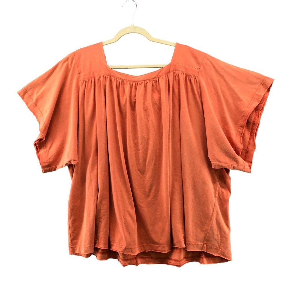 Oddy Square Neck Blouse Womens 1X Orange‎ Kimono Sleeve Boho Relaxed Cotton